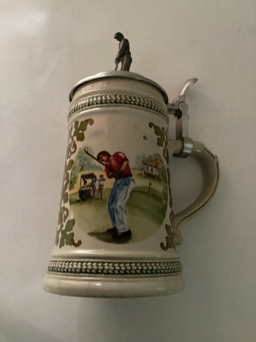 Vintage Ceramic Goebel Lidded Beer Stein depicting 3D golfer on pewter lid.